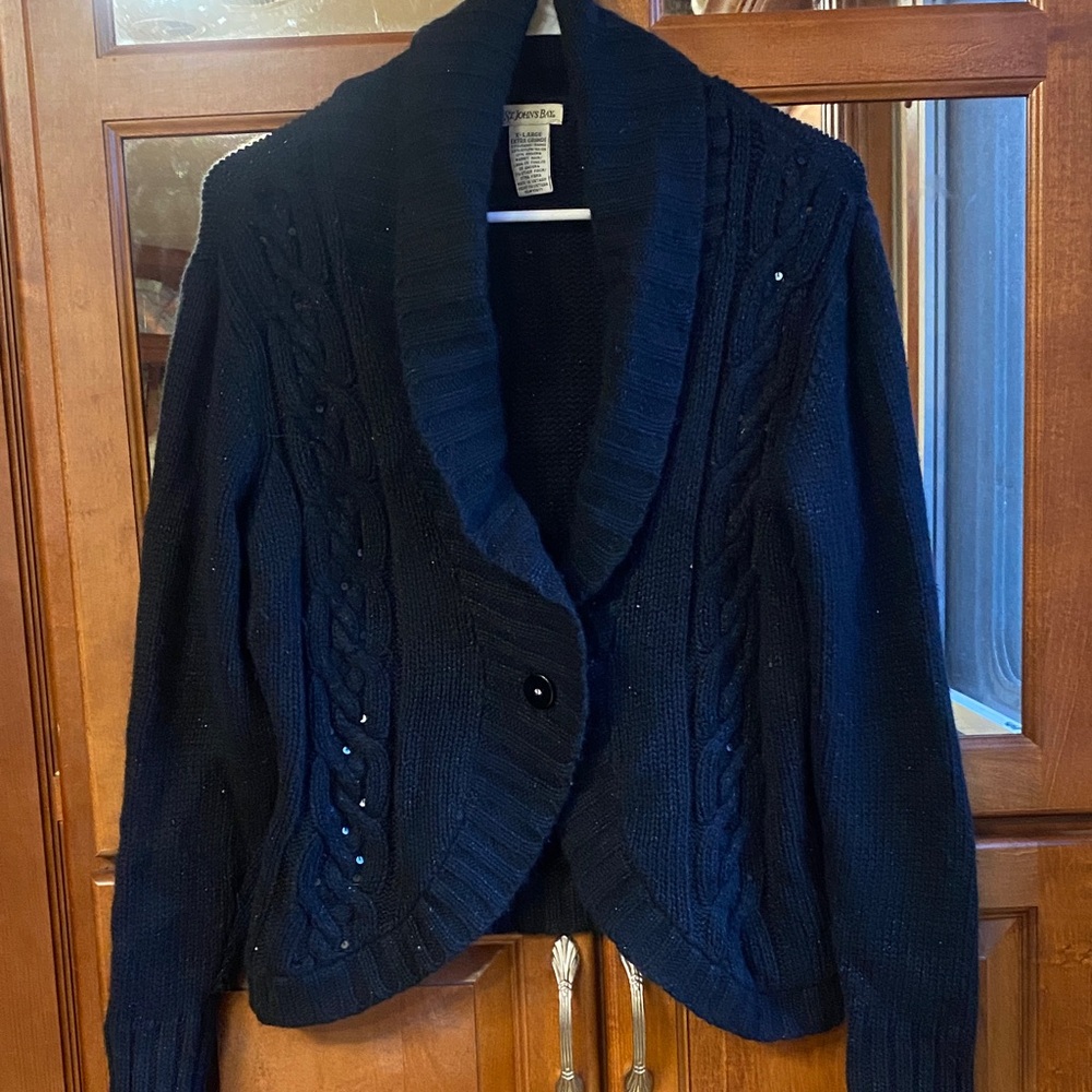 Black XL Chunky Cable Knit Cardigan w/ Angora Hair and Sequins Fall Quiet Luxury